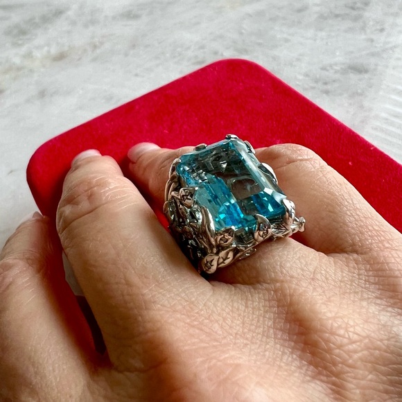 Rare Vintage Glam Jennifer Cary 925 Silver Blue Topaz w/small Diamonds Ring - Picture 3 of 15